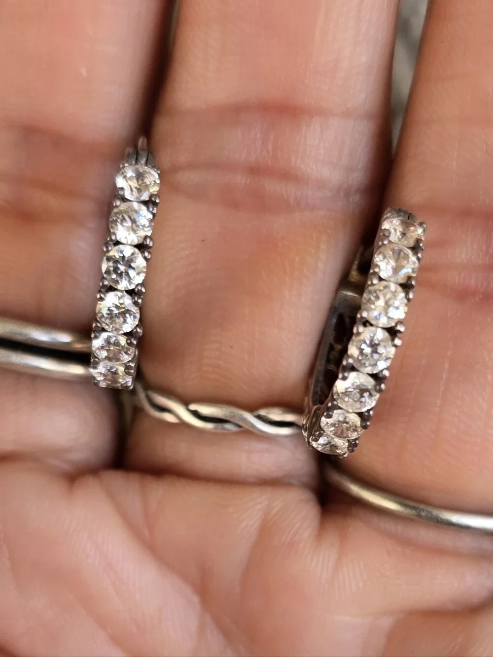 Elegant channel set sparkling CZ diamonds half filigree hoop earrings